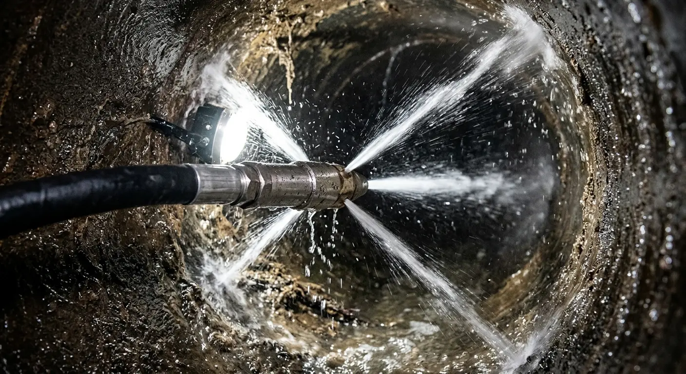 High-pressure hydro jetting nozzle cleaning sewer pipe for Sewer Cleanout in Hampstead